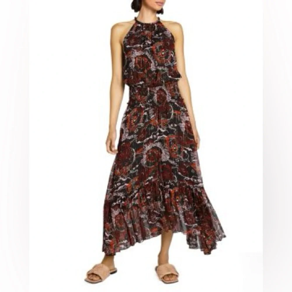 A.L.C. Bardot Silk Chiffon Printed Asymmetrical Halter Maxi Dress 4 - Picture 5 of 16
